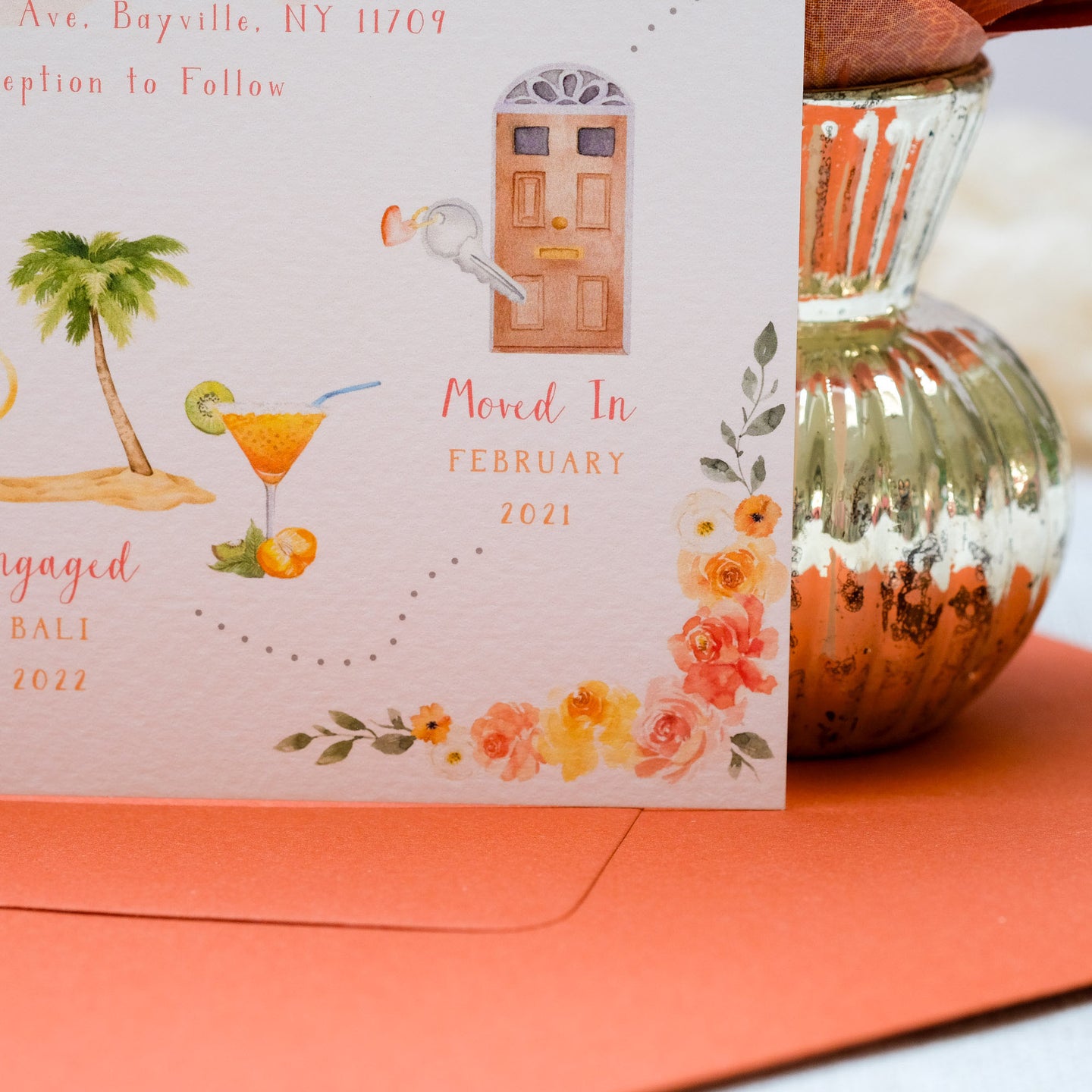 Hand painted illustrations of the milestones of your love story in a charming timeline that makes your wedding invitation unique, how you met, where you got engaged